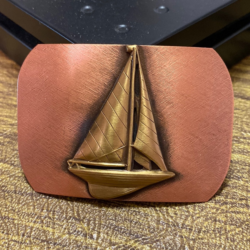 Vintage Handcrafted Sailing Sailboat Brushed Copper Brass Tone Metal Belt Buckle